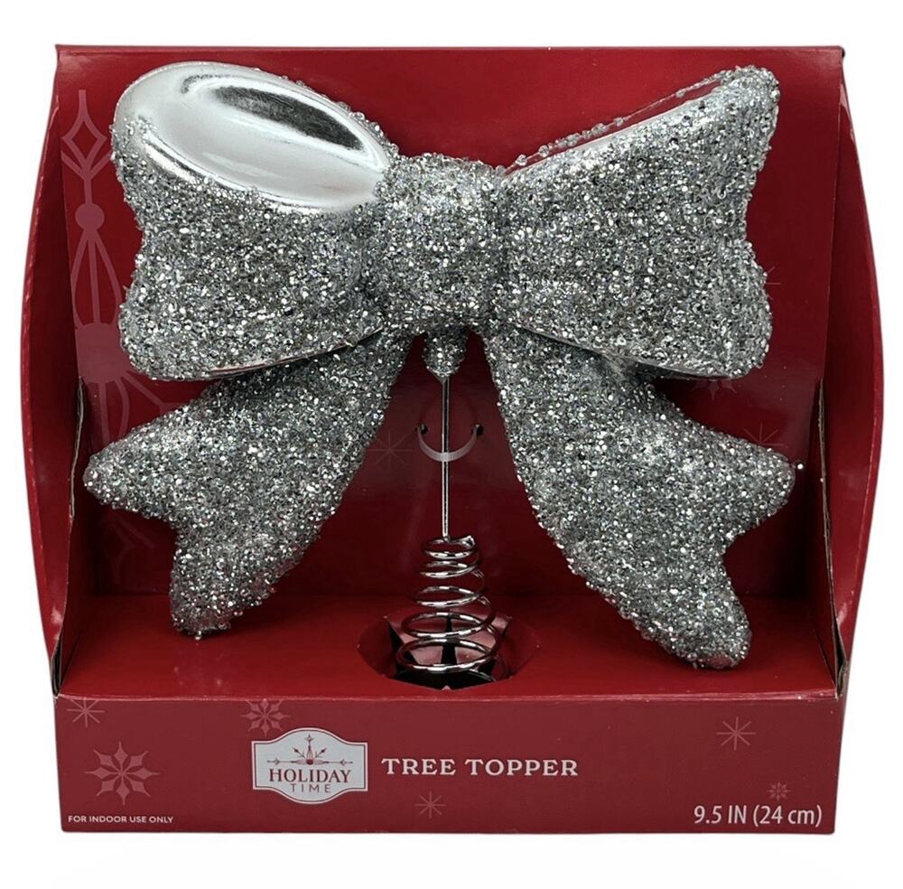 Holiday Time Silver Glitter Bow Tree Topper 9.5” Christmas Decoration